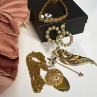 Vintage Jewelry Box Damascene Brooch CORO Brooch Bracelet and Necklace Pendant Clock