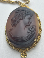 High Relief Chocolate Lovely Cameo Necklace Pendant Approximately 1.75 in Twisted Chain Ring Clasp 20 inch Approximate
