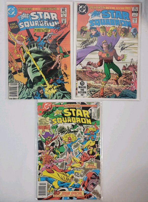 Vintage 1980s DC Comics ALL-STAR SQUADRON No. 5 , No. 20 & No. 50 . All Issues Signed by Writer & Penciler Roy Thomas & Jerry Ordway . All Issues Bagged & Boarded