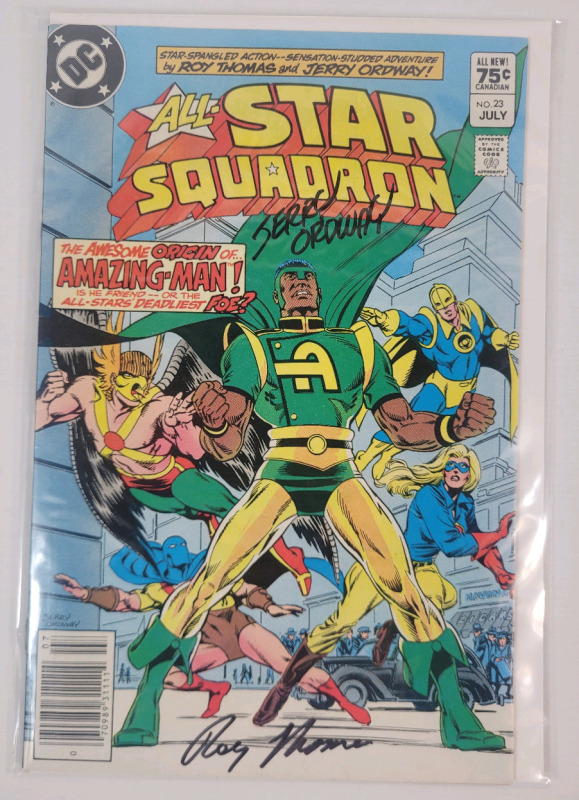 Vintage 1983 DC Comics ALL-STAR SQUADRON No. 23 Signed by Artist & Penciler Roy Thomas and Jerry Ordway , 1st. Appearance Amazing-Man . Bagged & Boarded . No COA