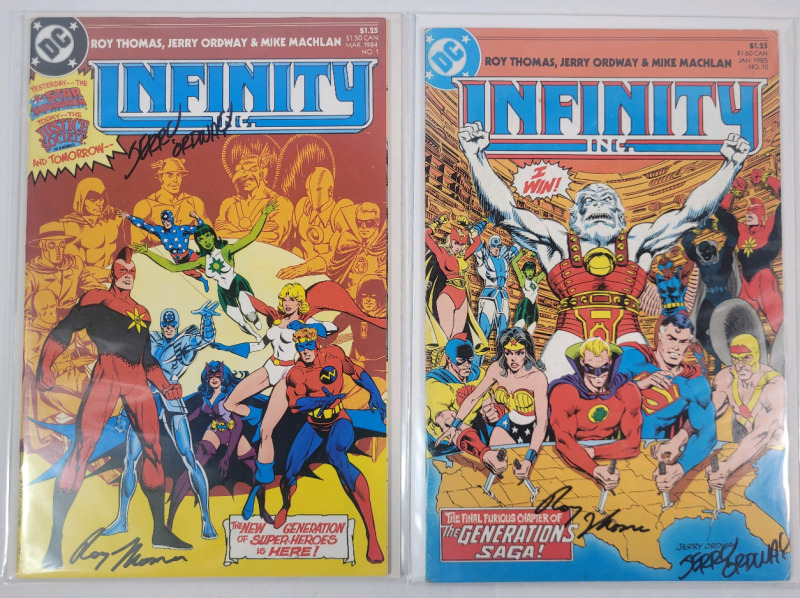 Vintage 1985 DC Comics INFINITY INC. No. 1 & No. 10 - Both Signed by Writer & Penciler Roy Thomas & Jerry Ordway . Both Issues Bagged & Boarded