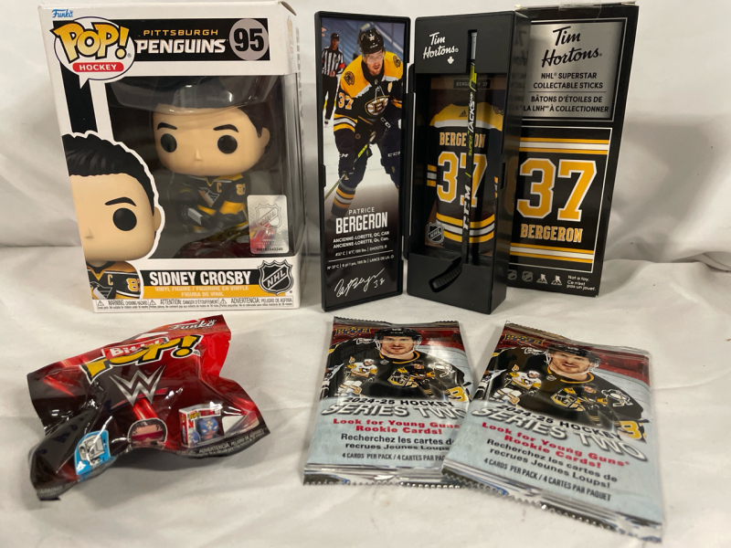 New Sport Lot | Funko #95 Sidney Crosby 4&rdquo; Vinyl Figure | Patrice Bergeron Tim Hortons Collectible Stick | 2 Upper Deck 4pk 2024-25 Hockey Card series 2 | 1 Bitty Pop Mini Mystery Figure