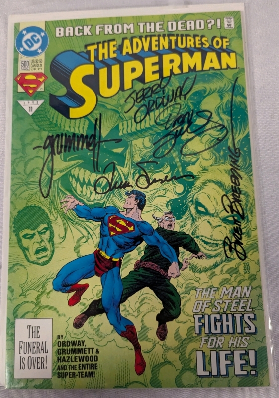 Signed Marvel Comics The Adventures of Superman Issue #500. Signed by Ordway, Grummett & More! Comic is Bagged and Boarded.