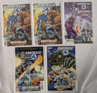 5 Marvel Fantastic Four "Antithesis" Comics. Written by Mark Ward. Limited Run, Extra Copy of Issue 1 labelled "Damaged to be replaced" All Comics are Bagged and Boarded.