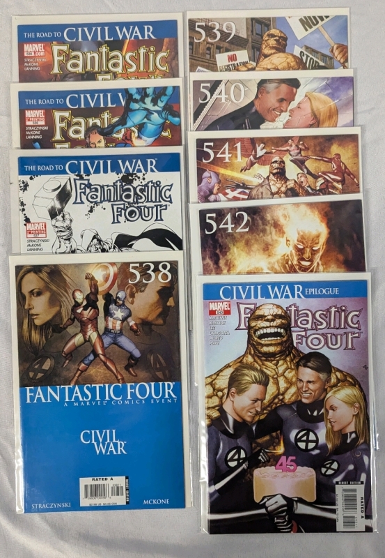 9 Marvel Comics Fantastic Four Comics 8 Issue "Civil War" Run. Issue 536-543. 2 copies of 536. All Comics Bagged and Boarded.