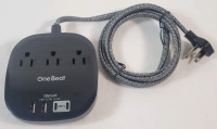 New - One Beat 10Ft Flat Plug Power Bar, Ultra Thin Extension Cord - 3 Outlets , 2 USB Ports & 2 USB-C Ports - Desktop Charging Station , Black