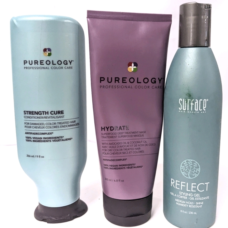 [See Desc] PUREOLOGY Strength Cure Conditioner, Hydrate Superfood Deep Treatment Mask, SURFACE Reflect Medium Hold Styling Gel