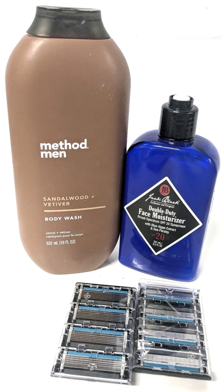 [See Desc] METHOD MEN Sandalwood + Vetiver Body Wash, JACK BLACK Double Duty Face Moisturizer Broad Spectrum 20SPF & 8 As-New DSC Dollar Shave Club 6-Blade Razor Cartridges for Extra Close Shaves