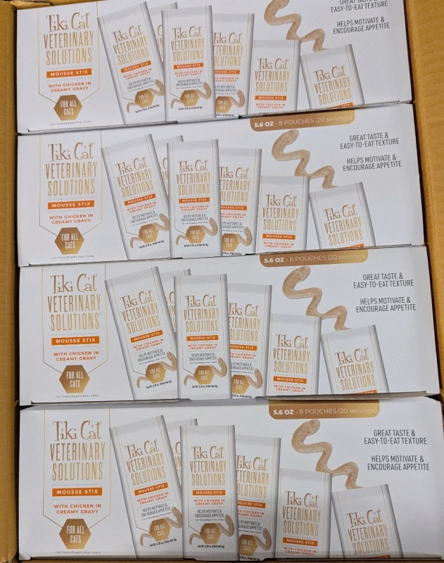 32 New Tiki Cat Veterinary Solutions Mousse Stix Pouches. (4x boxes of 8). Chicken and Creamy Gravy Flavor. BB 07/27/2025