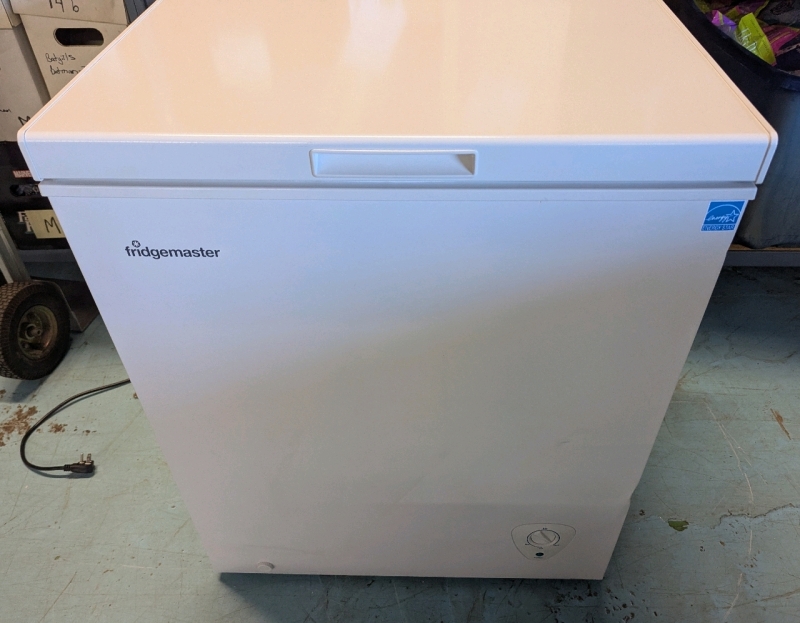 As New Fridgemaster 5 Cubic Foot Chest Freezer. Measures 20.5" (depth) by 27.5" (wide) by 33" (height)