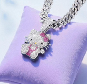 Hello Kitty Necklace Icec Out Cuban Chain Necklace Rhinestones Pendant with Sparkling Embellishments Necklace approximately 17.5 inch chain 2 inch Pendant