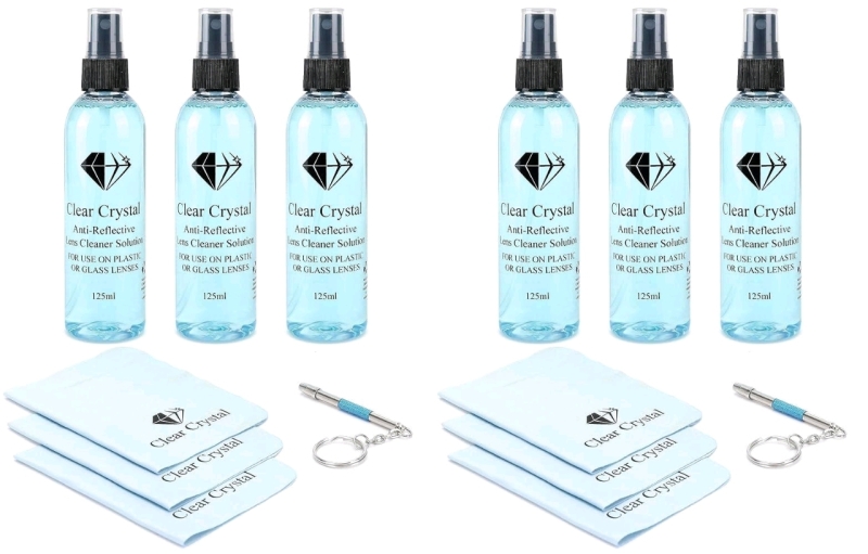 2 New in Box | CLEAR CRYSTAL Glasses Cleaner Kits - Each Includes : 3 Anti-Reflective Lens Cleaner Bottles (125 ml ea), 3 Microfiber Cleaning Cloths, + a Screwdriver Key Chain
