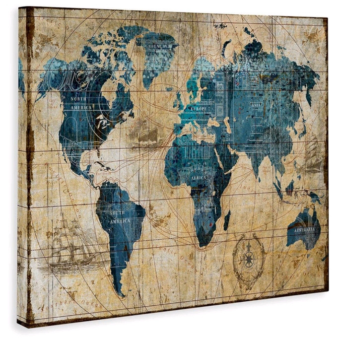 New - Vintage Abstract World Map Design Canvas Decorative Wall Hanging . Measures 47"&times;36"&times;1.5" .