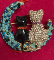 Two Cats on Crescent Moon with Sparkling Rhinestones and Enamel Adorable Classy Brooch Approximately 1.7 x1.75 inch