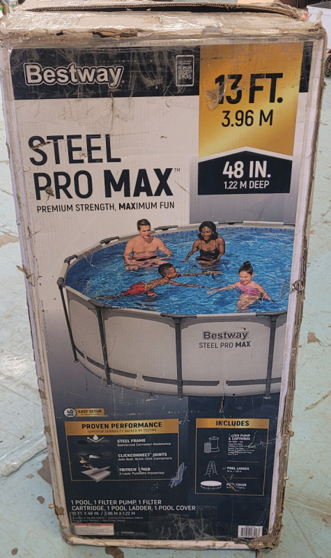 As Is - Bestway 13ft. diameter &times;48" deep Steel Pro MAX Above-Ground Swimming Pool . Box has some storage wear / Cannot Confirm if Complete or Not