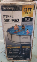 As Is - Bestway 13ft. diameter &times;48" deep Steel Pro MAX Above-Ground Swimming Pool . Box has some storage wear / Cannot Confirm if Complete or Not