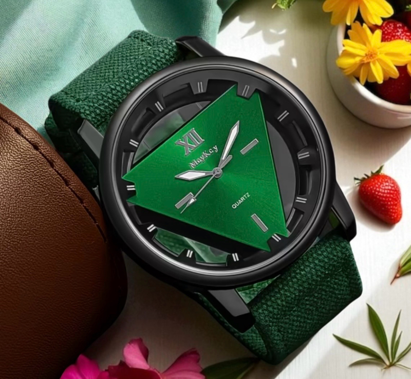 New Stylish Statement Quartz Watch with Triangular Drsign in Round Black Frame Luminous Hands & Roman Numerals Nylon Strap Outdoor Sports & Casual Wear | Bold Watch Design