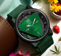 New Stylish Statement Quartz Watch with Triangular Drsign in Round Black Frame Luminous Hands & Roman Numerals Nylon Strap Outdoor Sports & Casual Wear | Bold Watch Design