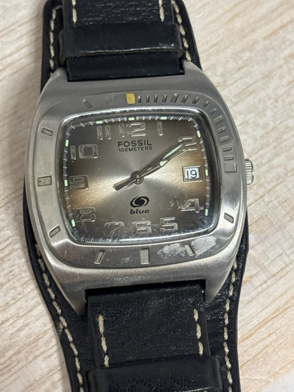 Fossil Blue &lsquo;&rsquo; Blue &lsquo;&rsquo; Stainless Steel Genuine Leather Black Band Watch Working Chunky