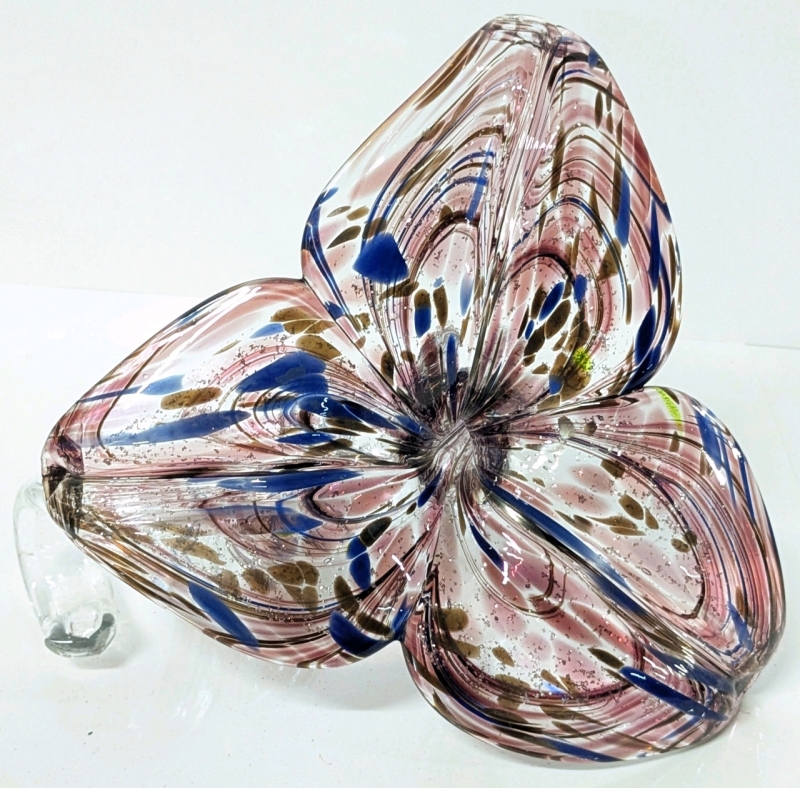 Large Striking Murano-Style Art Glass 7.25" Long Twisted Stem Blown Glass Flower with Purples, Blues, & Metallic Flakes