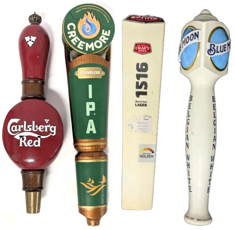 4 Draft Beer Tap Handles : Carlsberg Red, Creemore Boundless IPA, 1516 Bavarian Lager Craft Beer & Blue Moon White Bekgian, Up to 11.5" Long