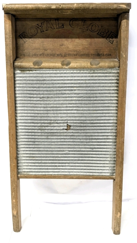 Vintage ROYAL GLOBE Toronto Wooden Wall-Hanging Washboard, 12" &times; 24", Missing Chunk of Metal Washboard