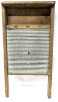 Vintage ROYAL GLOBE Toronto Wooden Wall-Hanging Washboard, 12" &times; 24", Missing Chunk of Metal Washboard
