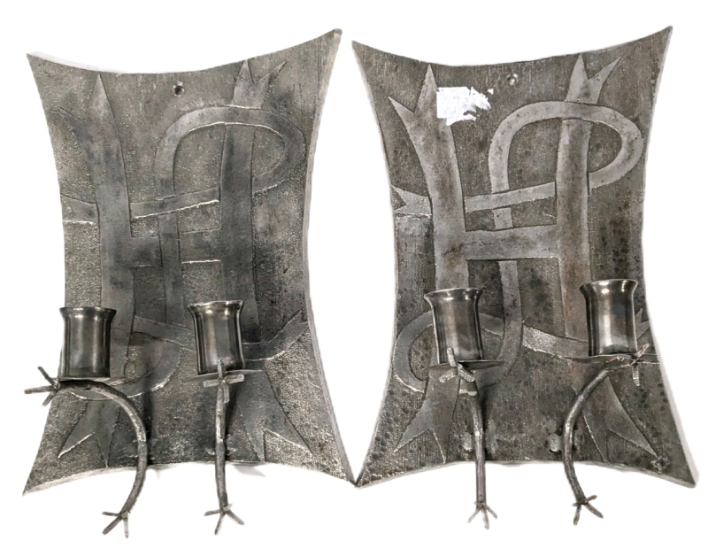 Pair of Vintage Heavy Metal Wall Dual-Candle Sconces with What Look To Be Ornate "H" Made of Ribbon 8" &times; 11.25"