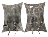 Pair of Vintage Heavy Metal Wall Dual-Candle Sconces with What Look To Be Ornate "H" Made of Ribbon 8" &times; 11.25"