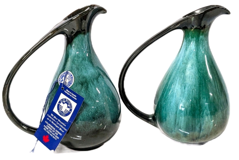 2 Vintage BLUE MOUNTAIN POTTERY Handled Pitcher Vases, 1 with Original Sticker and Tag, 7.15" Tall, The Other Signed, No Chips or Cracks, Both have Sticker Residue