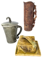 3pc Vintage Signed Hand-Built Pottery : Handled Pitcher with Lid 8.25" Tall, Textured Vase 8.5" Tall & Butter Keeper by Killbear Pottery