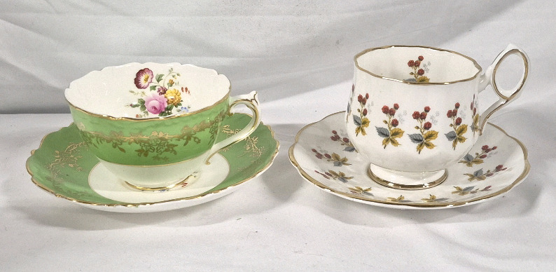 2 Lovely Coalport & Rosina Teacups and Saucers - Green Floral Bouquet Coalport
