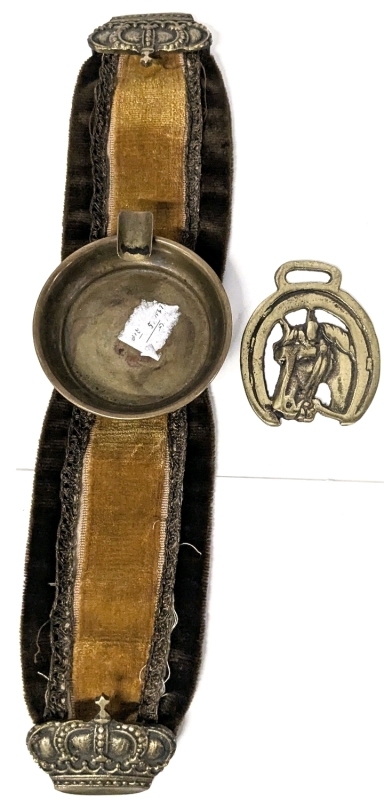 Vintage Brass Over-Arm Armchair Ashtray (3.25" &times; 15.5" Long) + English Horse Brass Good Luck Horseshoe Bridle Harness Decoration (3.5" Long)
