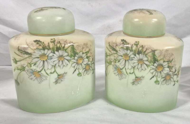 2 Stunning Vintage Limoges France Hand Painted Vanity Lidded Canister Jars - Porcelain Daisy 6" Tall