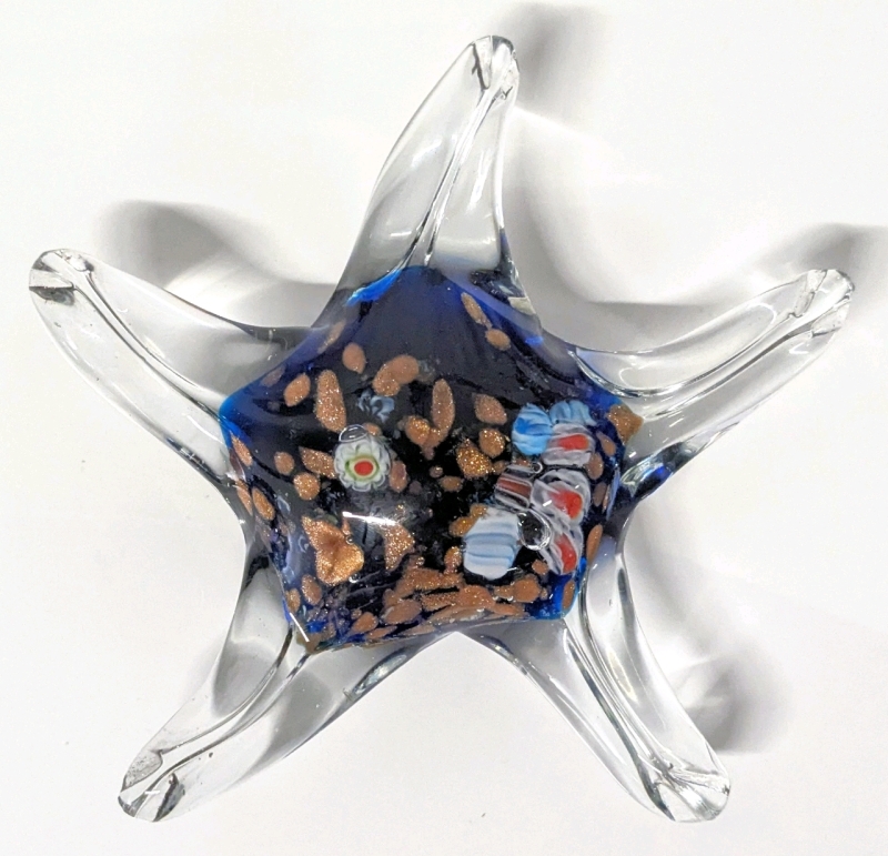 Colorful Vintage Murano-Style Art Glass Starfish Paperweight with Metallic & Cane Glass Inclusions, 5.75" Across, No Chips or Cracks