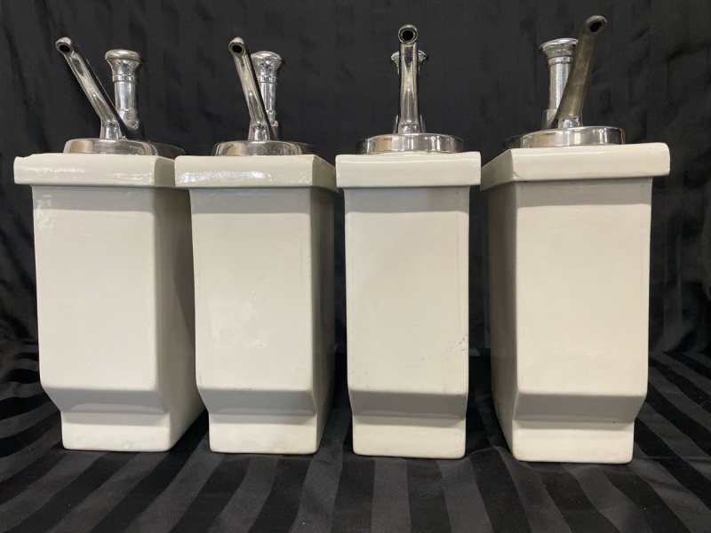 4 Vintage 14&rdquo; tall Poreclain Soda Fountain Syrup Dispensers | Metal Pumps | No cracks