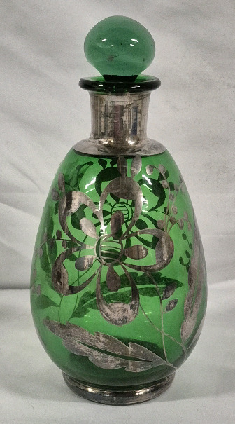 Gorgeous Vintage 8" Tall Green Glass Decanter with Overlay Floral Design