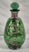 Gorgeous Vintage 8" Tall Green Glass Decanter with Overlay Floral Design