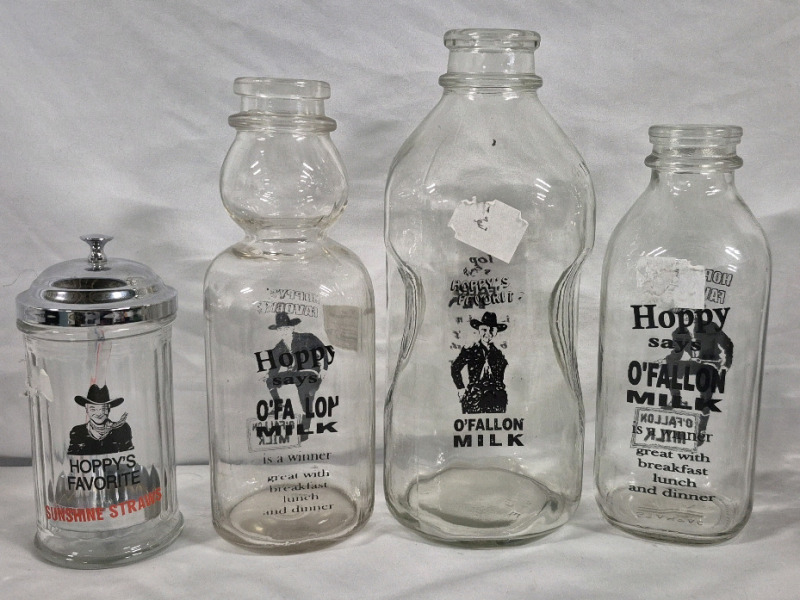 Vintage HOPPY'S FAVORITE O'FALLON MILK Milk Bottles and Straw Holder 6.5" Tall - Bottles range in Height 9 to 10.5"