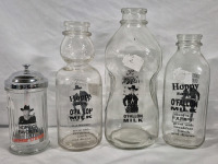 Vintage HOPPY'S FAVORITE O'FALLON MILK Milk Bottles and Straw Holder 6.5" Tall - Bottles range in Height 9 to 10.5"