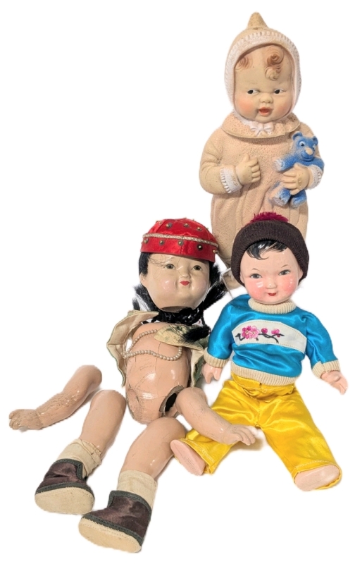 3 Vintage Dolls : Squeaky Rubber Reliable Baby Doll 8.75" Long, Composite Chinese Jointed Boy Doll with Painted Hair & Eyes, Jointed Girl Doll with Pigtails & Parts Unattached
