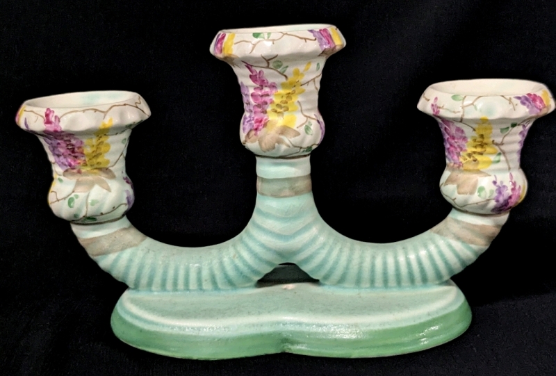 Vintage BESWICK England #447 Pottery 3-Candle Candelabra, Floral & Green Design, 6.5" Tall, No Chips or Cracks