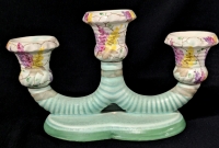 Vintage BESWICK England #447 Pottery 3-Candle Candelabra, Floral & Green Design, 6.5" Tall, No Chips or Cracks