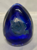 Signed 4&rdquo; Etched Cobalt Blue and Clear Teardrop-shaped Paperweight | No Chips or Cracks