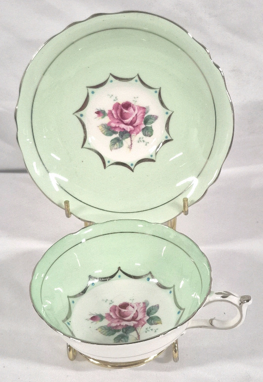 Vintage Paragon Double Warranted Teacup & Saucer - Green with Pink Rose