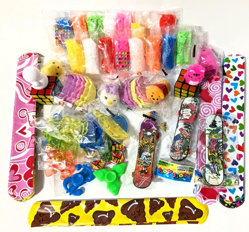 30+ Small Party Favors: Slap Bracelets, Mini Skateboards, Squishy Critters, Slap Hands +