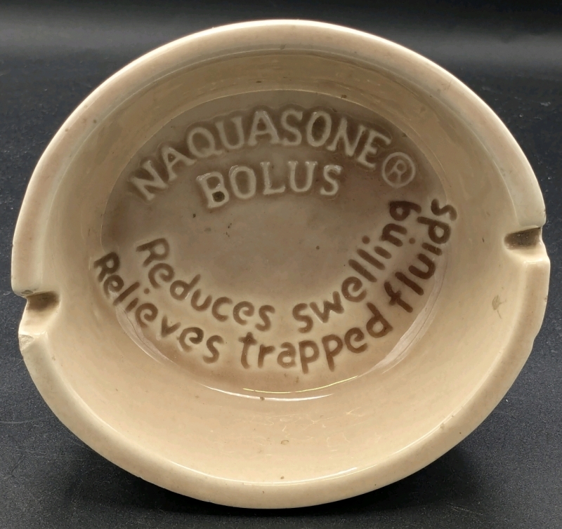 Vintage Cow Udder-Shaped SCHERING VETERINARY DIV. Advertising Footer Ashtray for NAQUASONE BOLUS "Reduces Swelling, Relieves Trapped Fluids" - 3.75", Cracks and Flaking Throughout