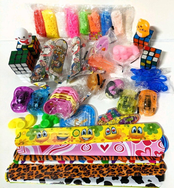 30+ Small Party Favors: Slap Bracelets, Mini Skateboards, Squishy Critters, Slap Hands +
