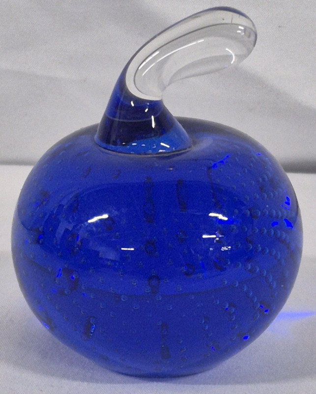 Vintage Handblown Colbalt Blue Art Glass 2.75" tall "Apple" - Controlled Bubbles