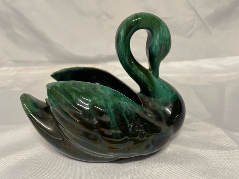 Vintage 6&rdquo; tall Blue Mountain Pottery Green Drip Glaze Swan Planter